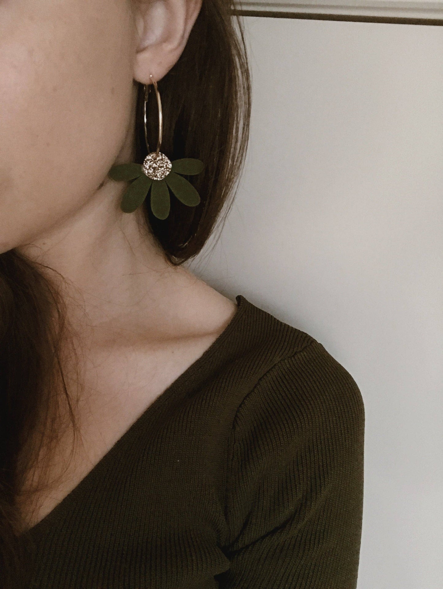 Jumbo Daisy Hoops | Olive + Gold Glitter |