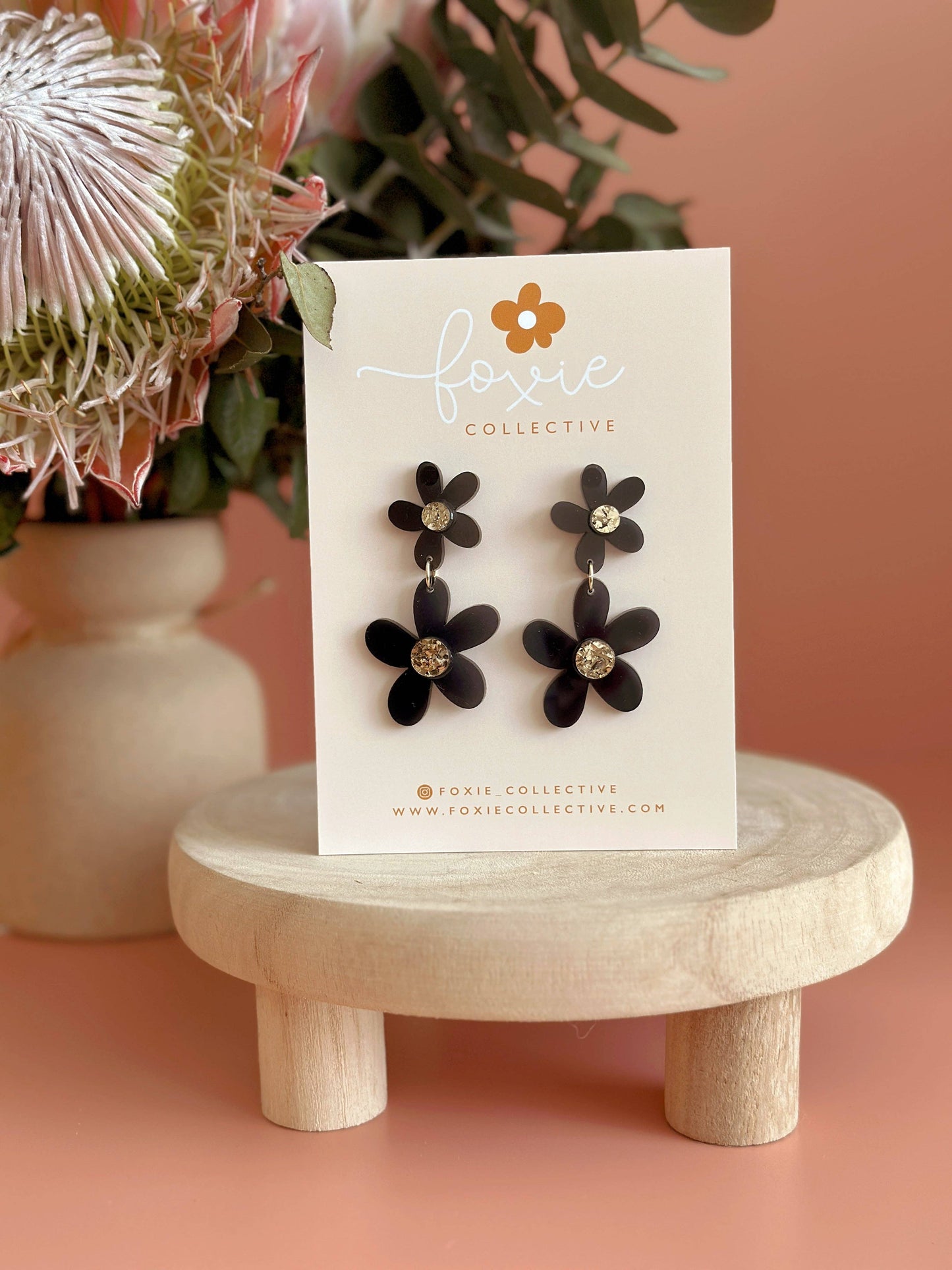 Foxie Collective - Double Daisy Dangles | Black + Gold Sparkle