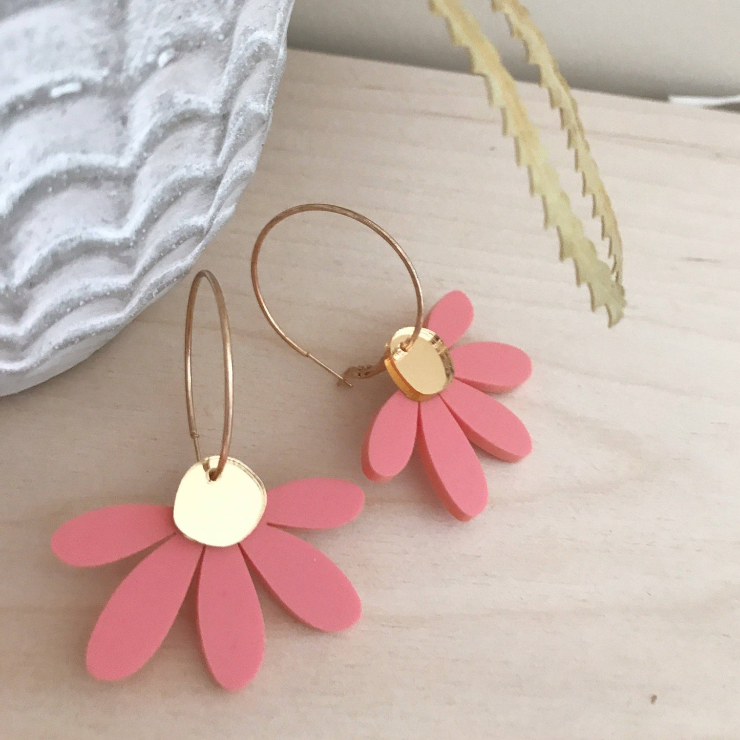 Jumbo Daisy Hoop Earrings | Pastel Raspberry + Gold |