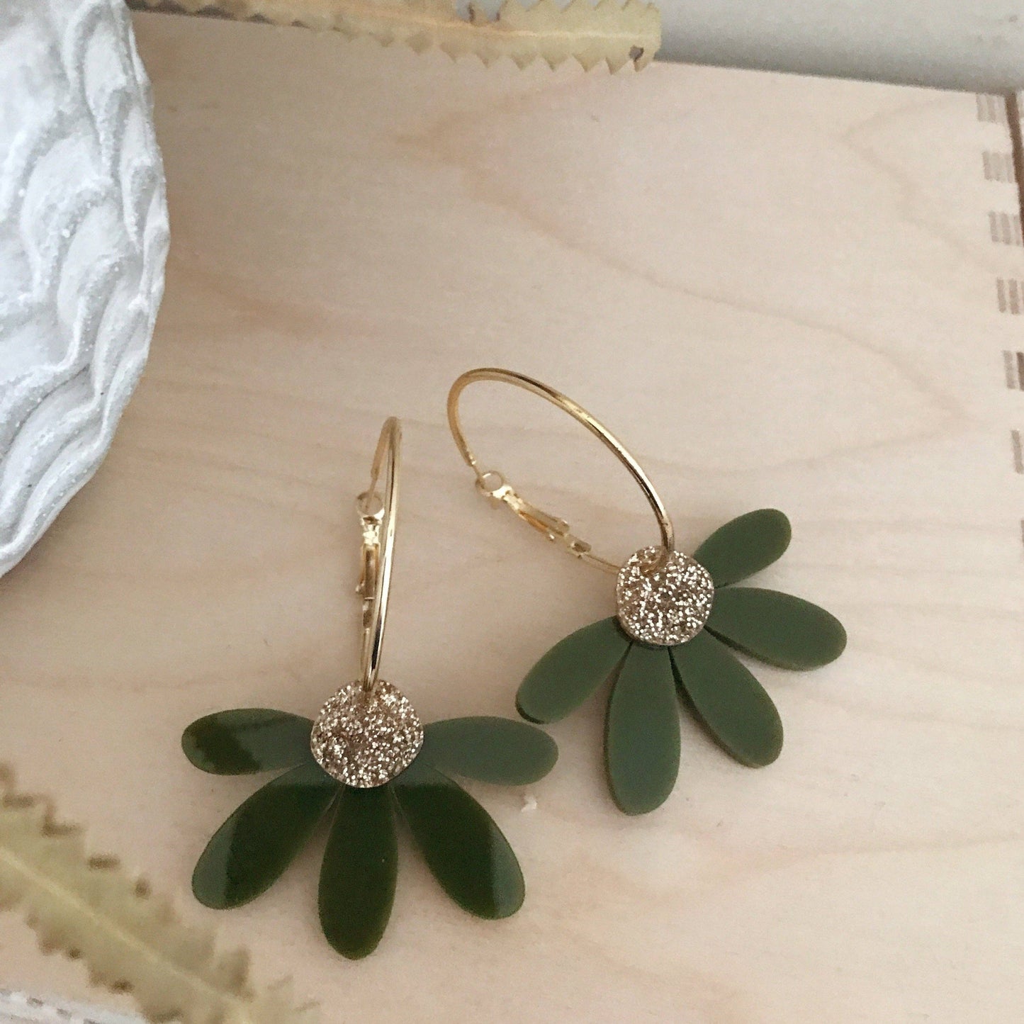 Jumbo Daisy Hoops | Olive + Gold Glitter |