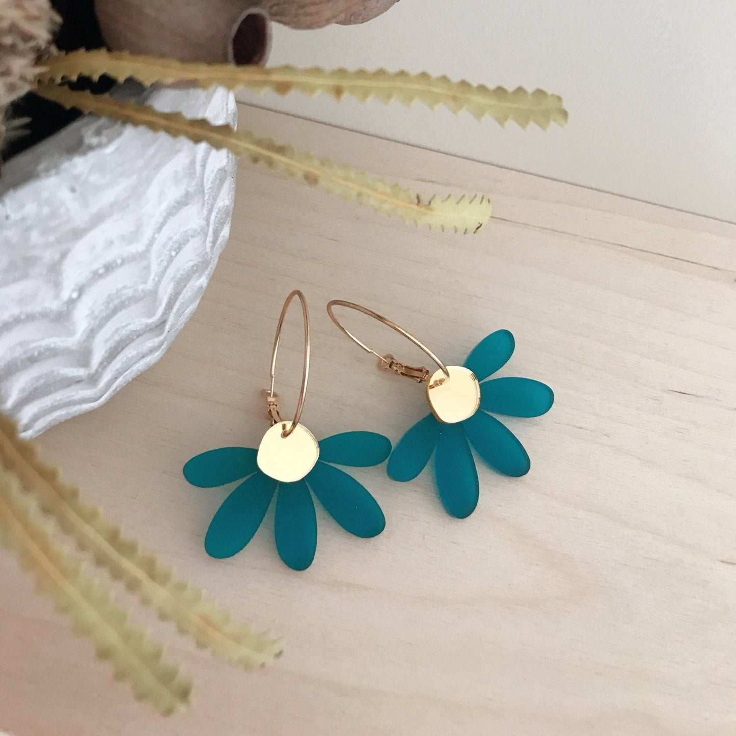 Jumbo Daisy Hoop Earrings | Frosted Teal + Gold |