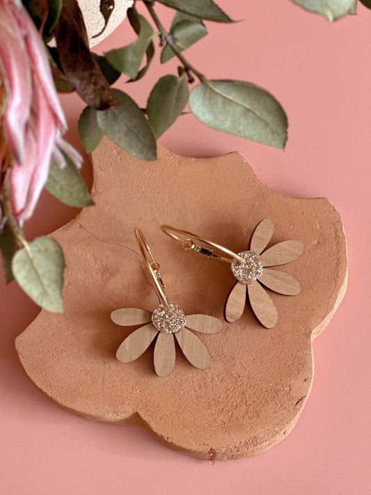 Jumbo Daisy Hoop Earrings | Cherrywood + Gold Glitter |