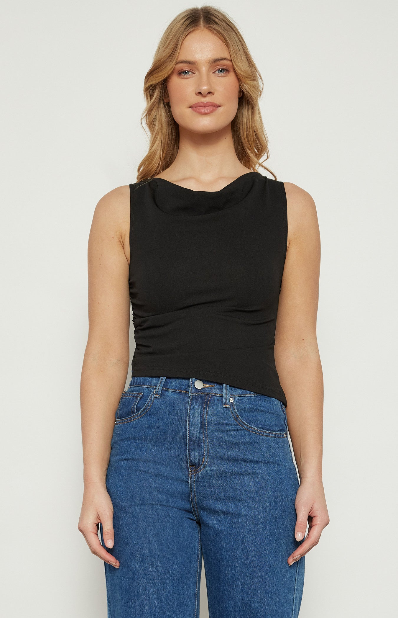 Cowl Neckline Jersey Top with Asymmetrical Hem