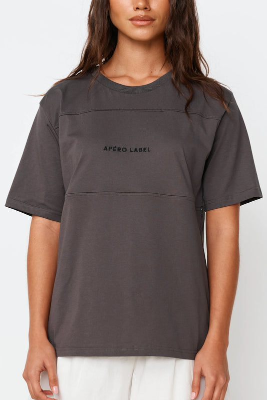 Label Embroidered Panel Tee - Charcoal / Black