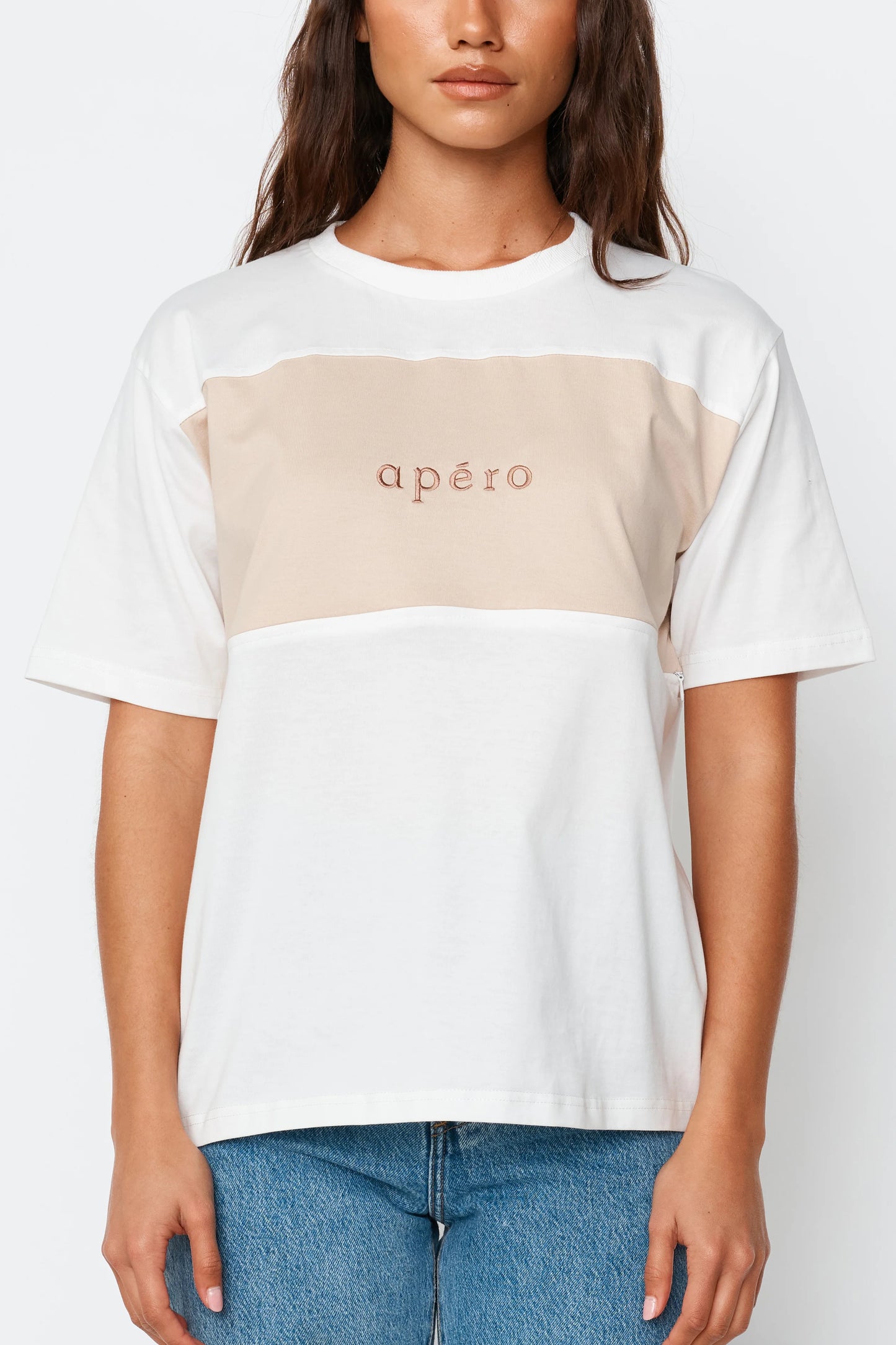 Dual Embroidered Panel Tee - White / Beige