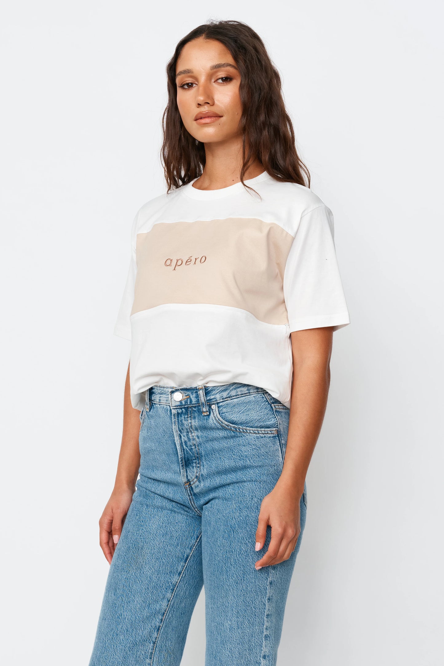 Dual Embroidered Panel Tee - White / Beige