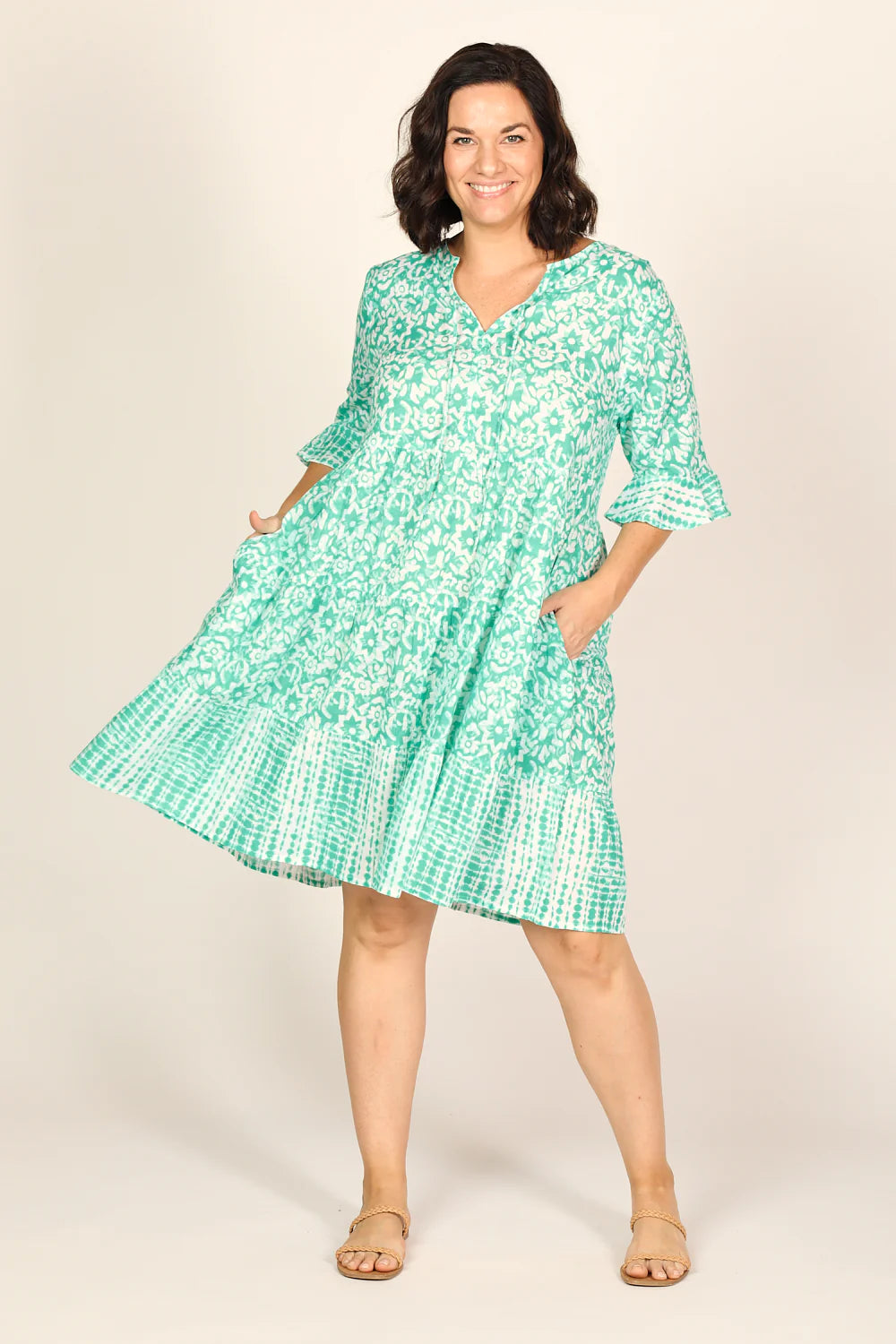 Scout tiered dress in shibori turquoise