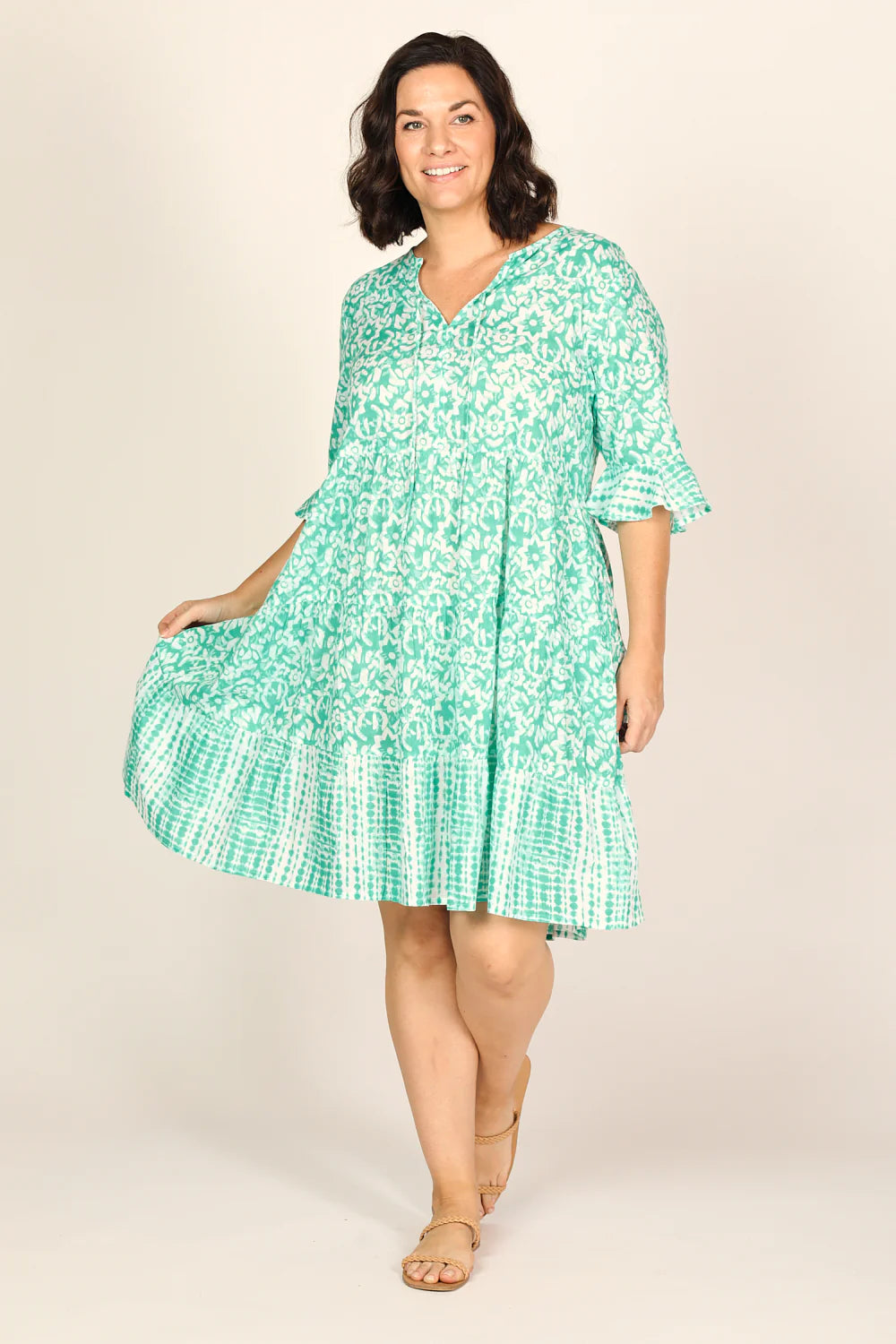 Scout tiered dress in shibori turquoise