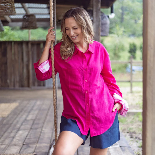 HOT PINK ORGANIC LINEN SHIRT WITH PRINTED GINGHAM CUFFS