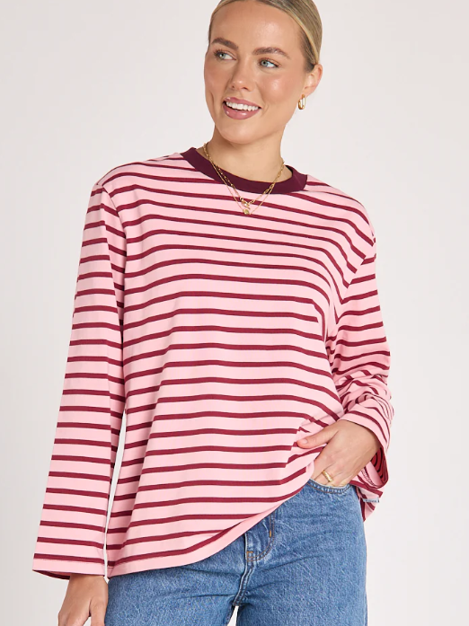 Carter Long Sleeve Tee - Burgundy Pink Stripe