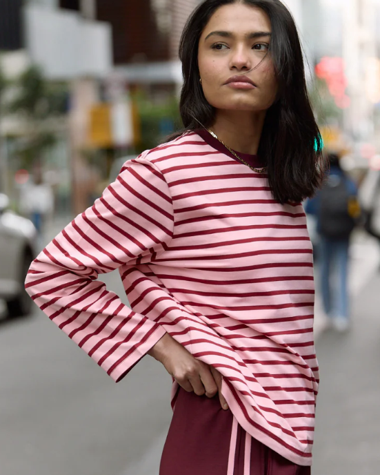 Carter Long Sleeve Tee - Burgundy Pink Stripe