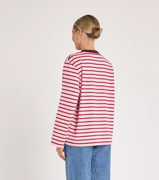 Carter Long Sleeve Tee - Burgundy Pink Stripe