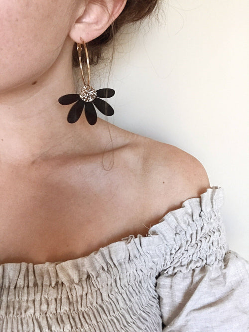 Jumbo Daisy Hoop Earrings | Black + Gold Glitter |