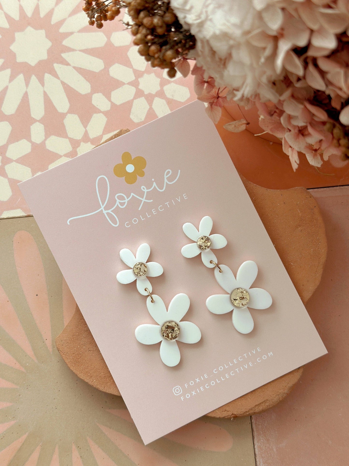 Foxie Collective - Double Daisy Dangles | Matte White + Gold Sparkle |