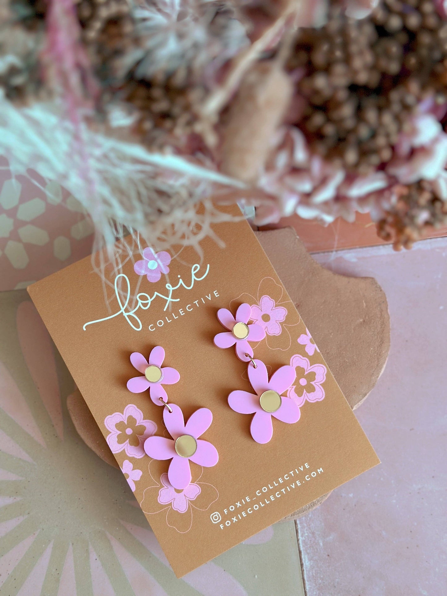 Double Daisy Dangles | Candy Pink + Gold |