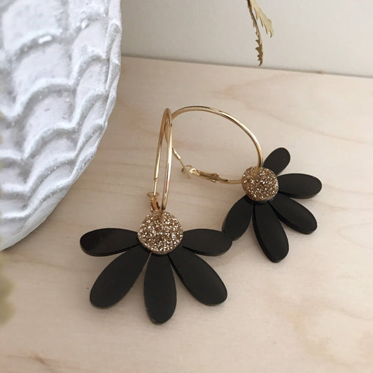 Jumbo Daisy Hoop Earrings | Black + Gold Glitter |