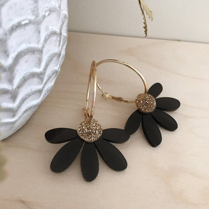 Jumbo Daisy Hoop Earrings | Black + Gold Glitter |
