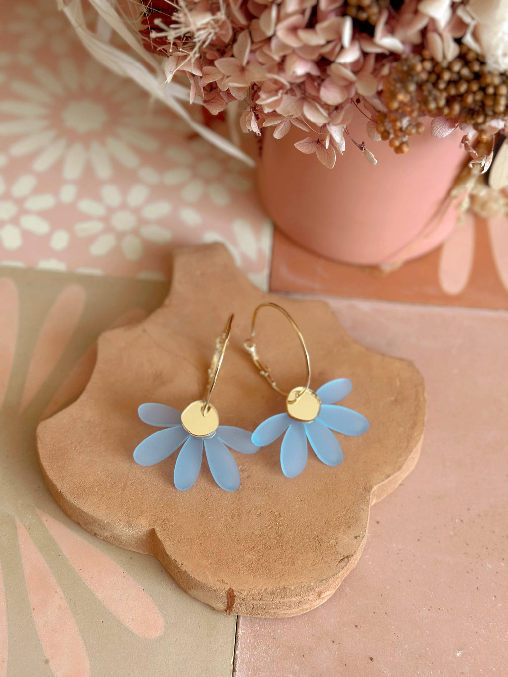 Jumbo Daisy Hoop Earrings | Frosted Blue + Gold |
