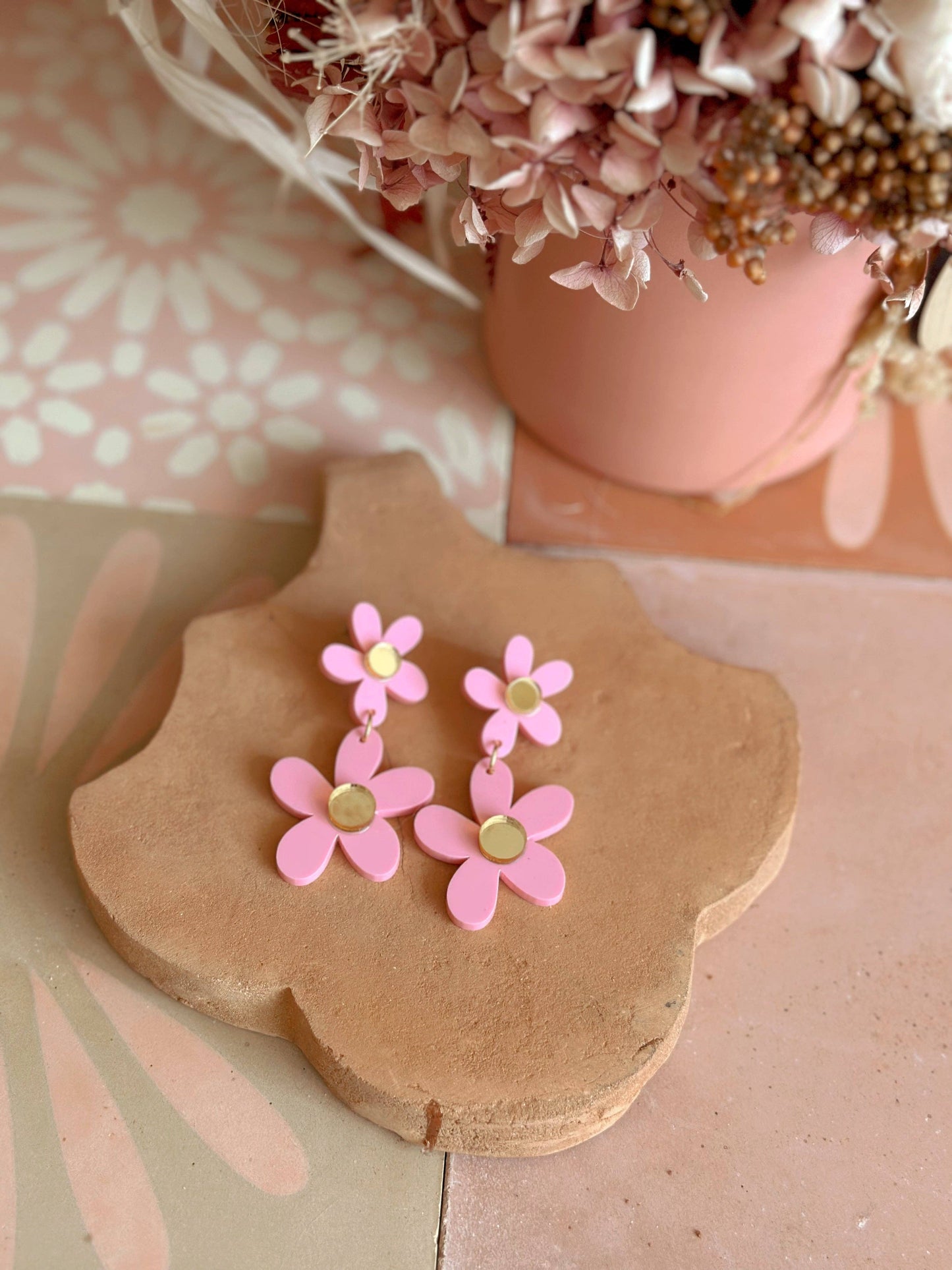 Double Daisy Dangles | Candy Pink + Gold |